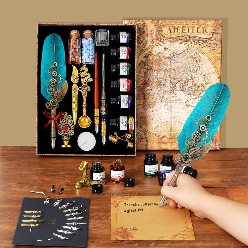 Aifeiter Quill Pen Feather Calligraphy Pen and Ink Set,Wax Seal Stamp Set,includes Quill Pen,Glass Dipping Pen,Wooden Dipping Pen,6 Bottles of Ink,8 Sheets of Writing Paper,Envelope-Green - Image 5